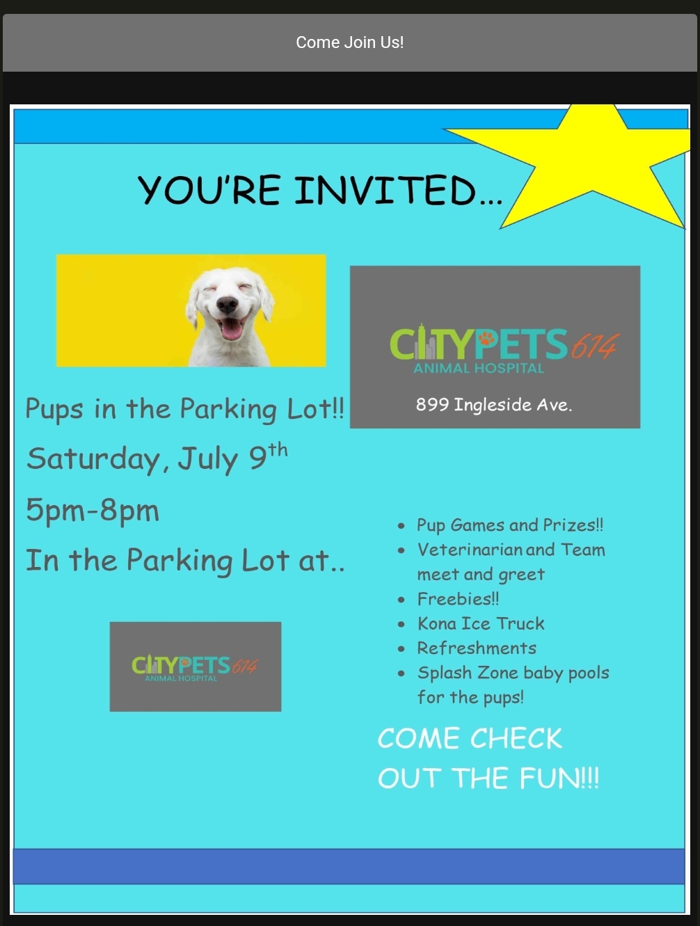 Party with the Pups at City Pets flier. Event details: Saturday, July 9th, 2022, from 5 to 8 PM in the City Pets parking lot.